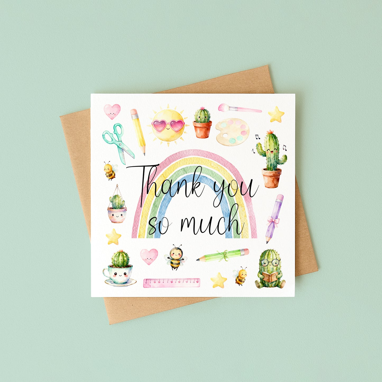 Thank You Card Nursery Teacher, Mentor Appreciation watercolour rainbow pastel card with envelope