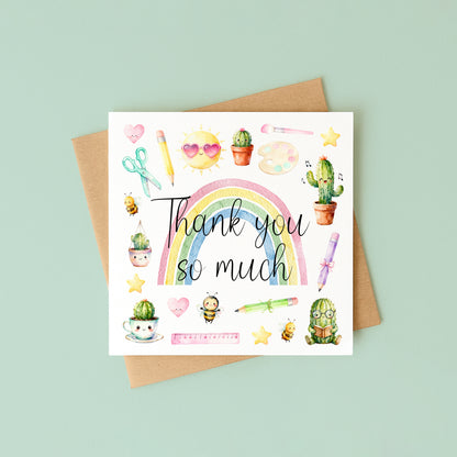Thank You Card Nursery Teacher, Mentor Appreciation watercolour rainbow pastel card with envelope