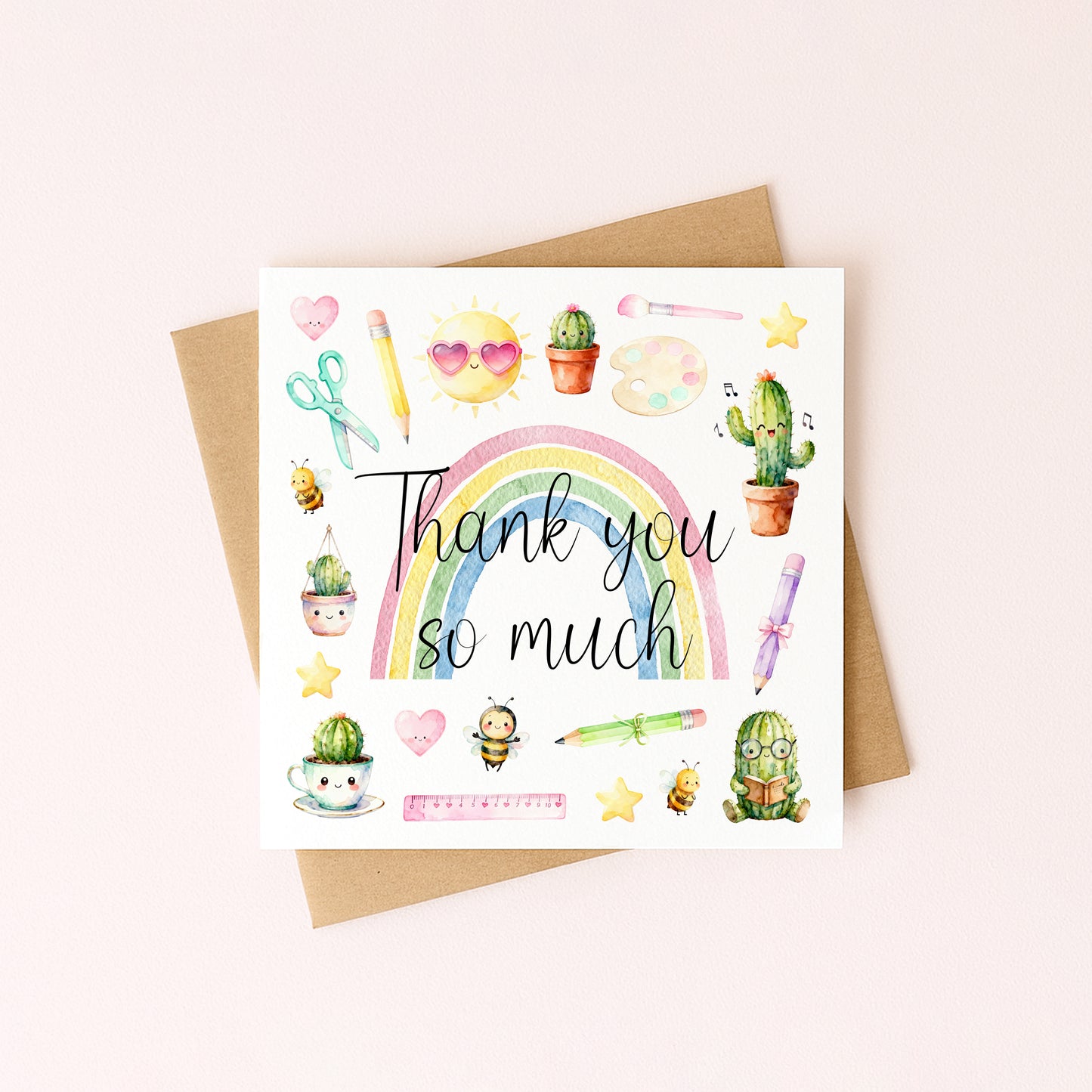 Thank You Card Nursery Teacher, Mentor Appreciation watercolour rainbow pastel card with envelope