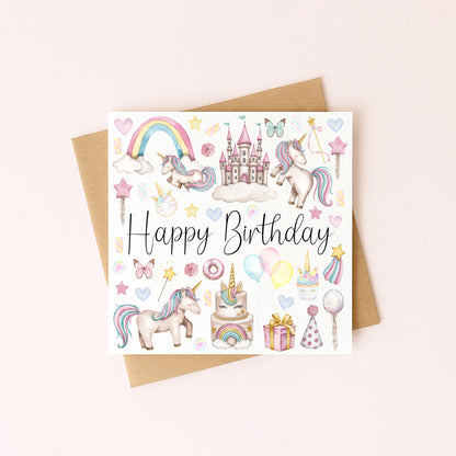 Unicorn girls Birthday Card Watercolour Design with Kraft Envelope