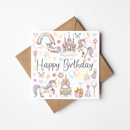 Unicorn girls Birthday Card Watercolour Design with Kraft Envelope