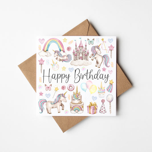 Unicorn girls Birthday Card Watercolour Design with Kraft Envelope