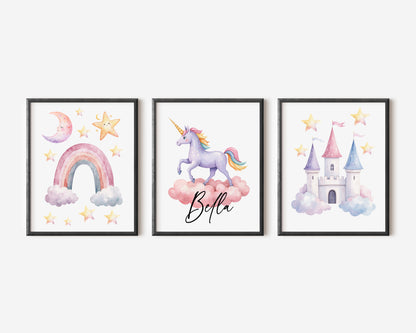 Set of 3 unicorn personalised prints pastel pink purple yellow girls bedroom wall art poster prints, hearts stars rainbows girls nursery bedroom decor