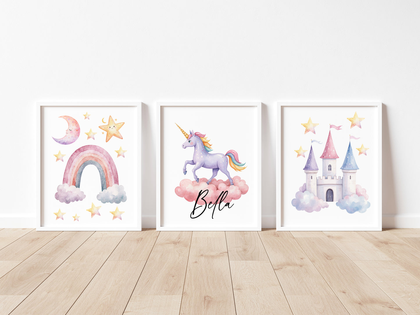 Set of 3 unicorn personalised prints pastel pink purple yellow girls bedroom wall art poster prints, hearts stars rainbows girls nursery bedroom decor