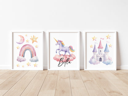 Set of 3 unicorn personalised prints pastel pink purple yellow girls bedroom wall art poster prints, hearts stars rainbows girls nursery bedroom decor