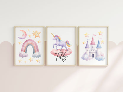 Set of 3 unicorn personalised prints pastel pink purple yellow girls bedroom wall art poster prints, hearts stars rainbows girls nursery bedroom decor