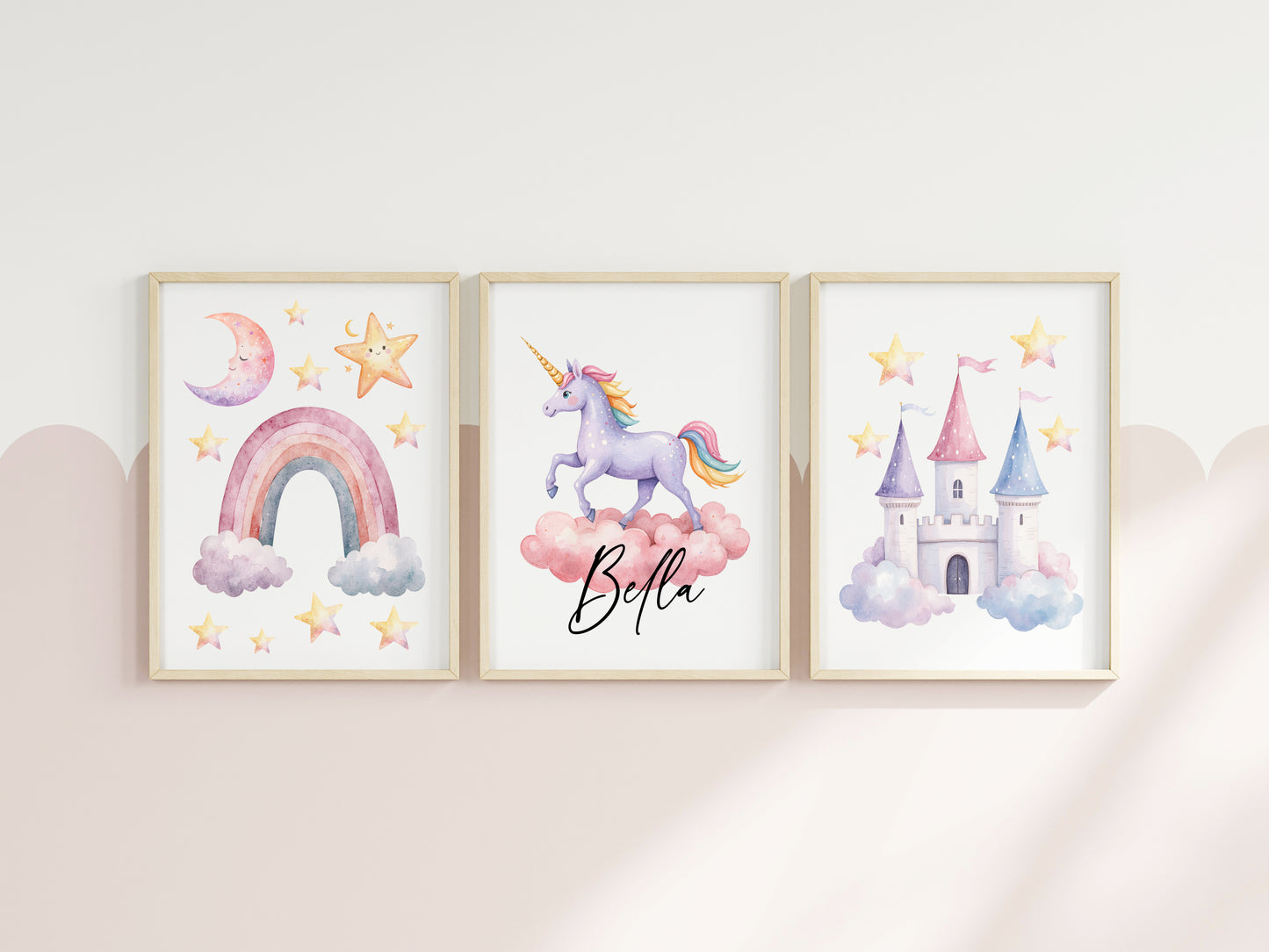 Set of 3 unicorn personalised prints pastel pink purple yellow girls bedroom wall art poster prints, hearts stars rainbows girls nursery bedroom decor