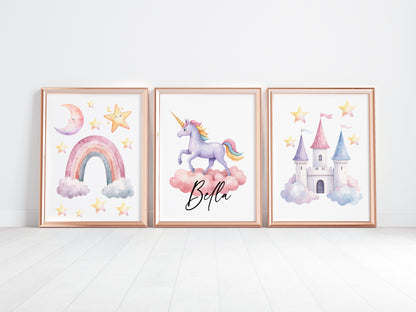 Set of 3 unicorn personalised prints pastel pink purple yellow girls bedroom wall art poster prints, hearts stars rainbows girls nursery bedroom decor