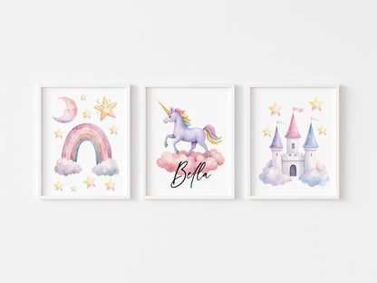 Set of 3 unicorn personalised prints pastel pink purple yellow girls bedroom wall art poster prints, hearts stars rainbows girls nursery bedroom decor