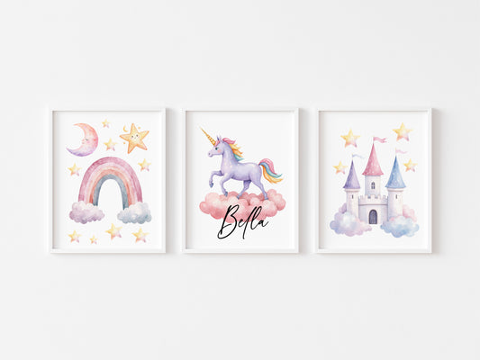 Set of 3 unicorn personalised prints pastel pink purple yellow girls bedroom wall art poster prints, hearts stars rainbows girls nursery bedroom decor