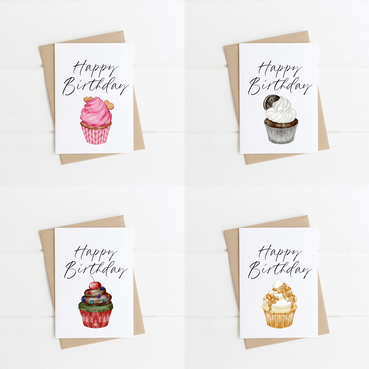 Pack of 4 Happy Birthday individual styles cupcake, birthday cake party cake neutral birthday cards with envelopes,kraft brown or white