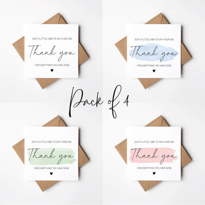 Thank you cards Pack of 4 A little card to say a big thank you individual styles, watercolour blue pink green colour cards with envelopes