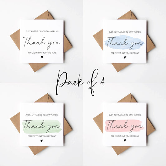 Thank you cards Pack of 4 A little card to say a big thank you individual styles, watercolour blue pink green colour cards with envelopes