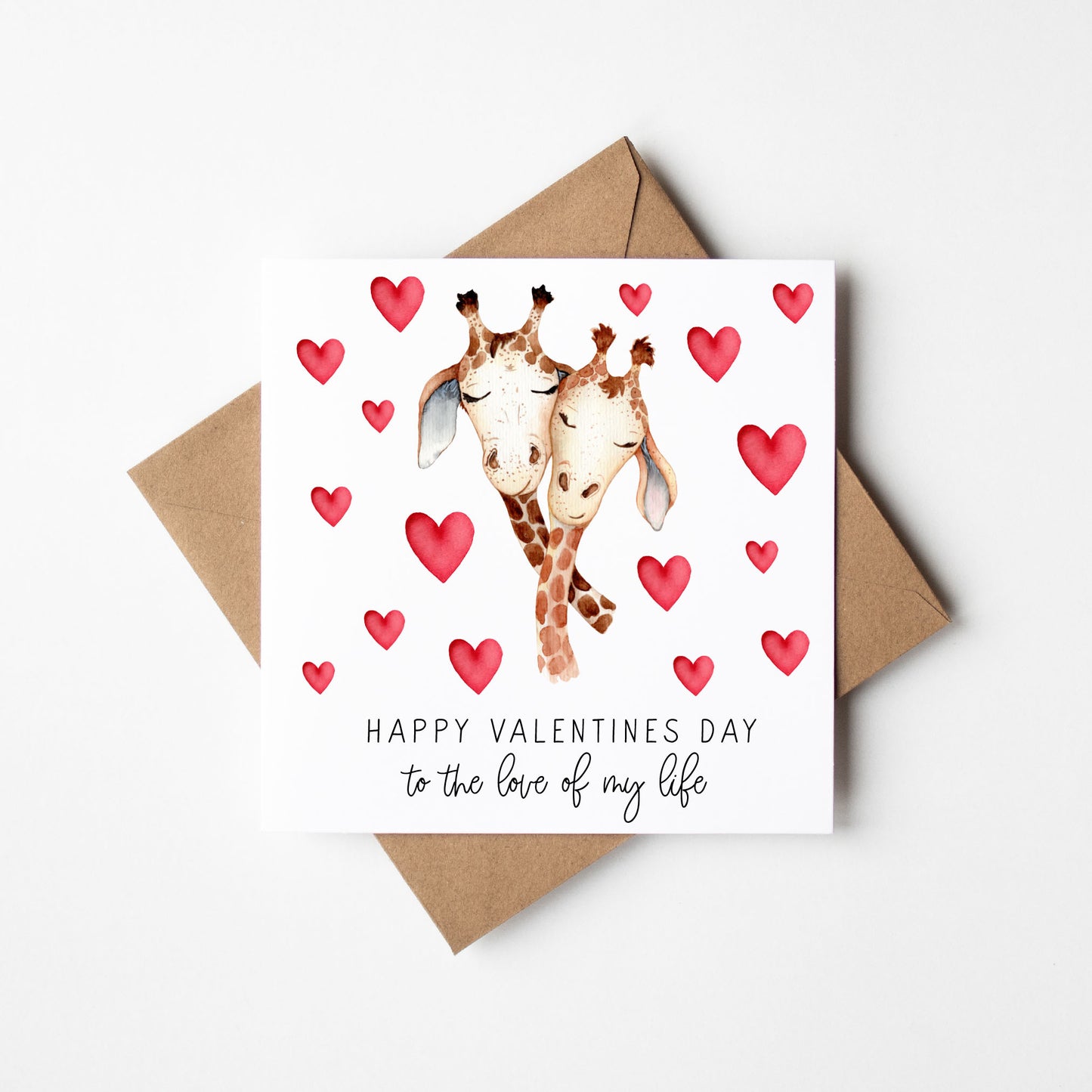 Valentines card, Giraffes hearts couples watercolour Valentines day with Envelope