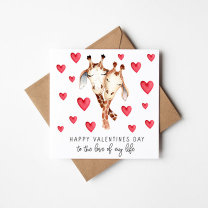 Valentines card, Giraffes hearts couples watercolour Valentines day with Envelope