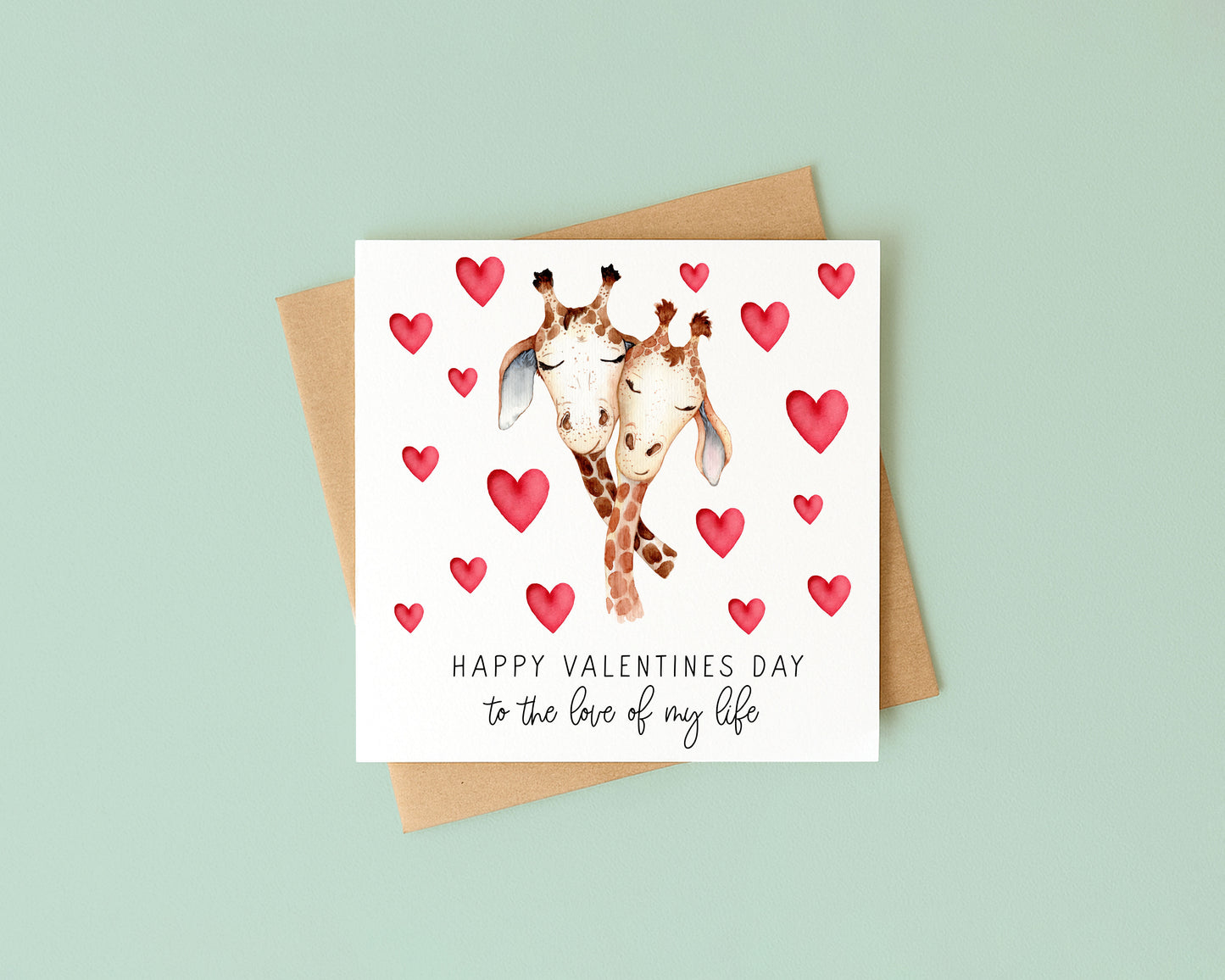 Valentines card, Giraffes hearts couples watercolour Valentines day with Envelope