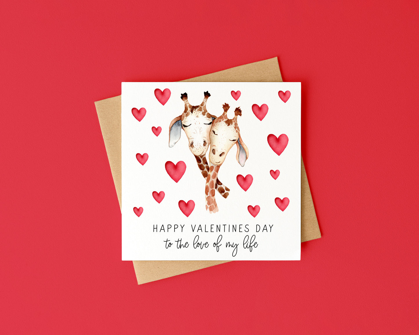 Valentines card, Giraffes hearts couples watercolour Valentines day with Envelope