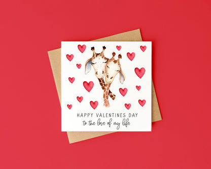 Valentines card, Giraffes hearts couples watercolour Valentines day with Envelope