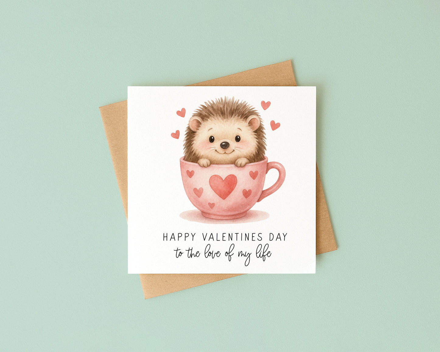Valentines card, Hedgehog mug hearts couples Valentines day with Envelope