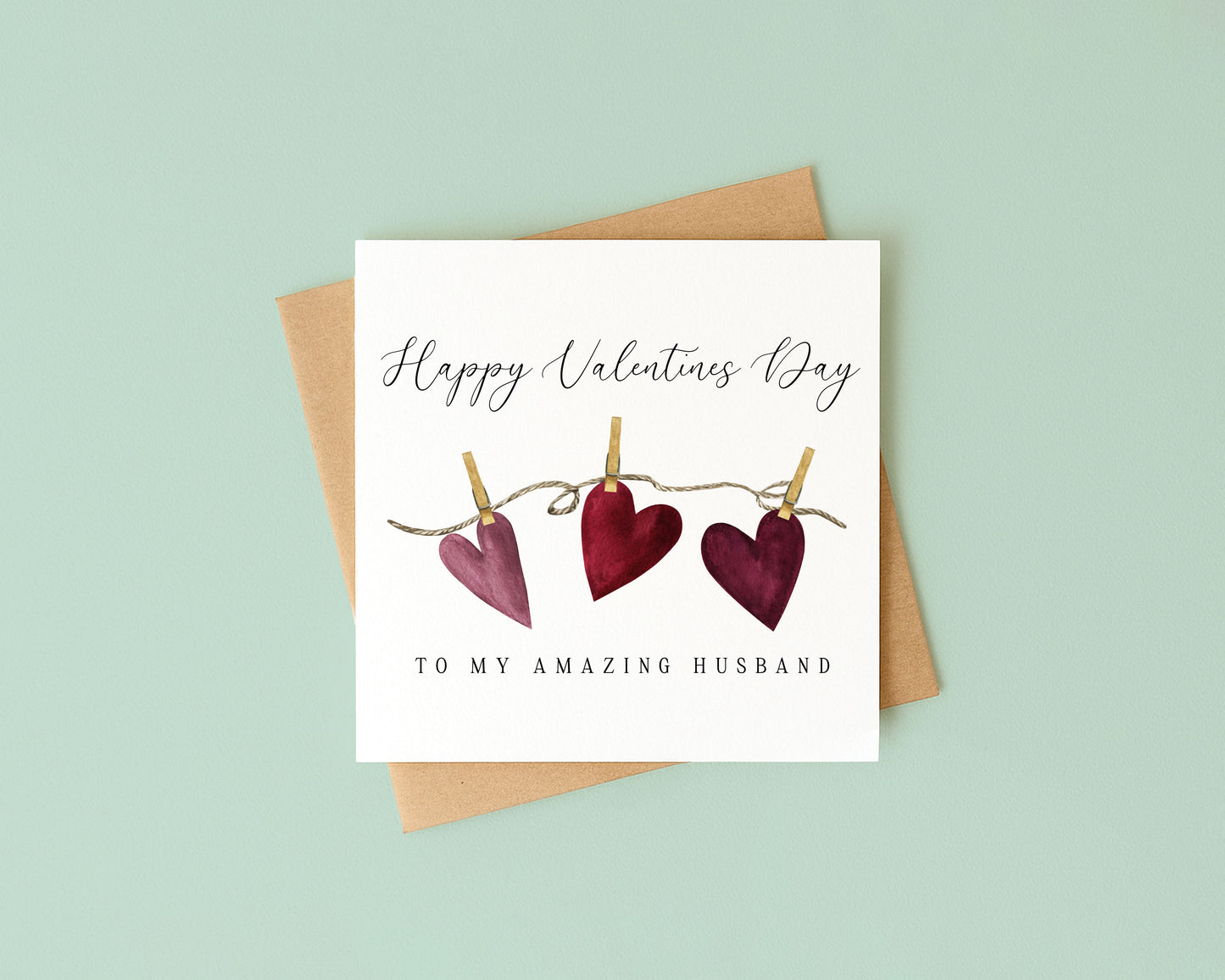 Valentines card, Wife Husband Hanging hearts watercolour couples valentines day with Envelope