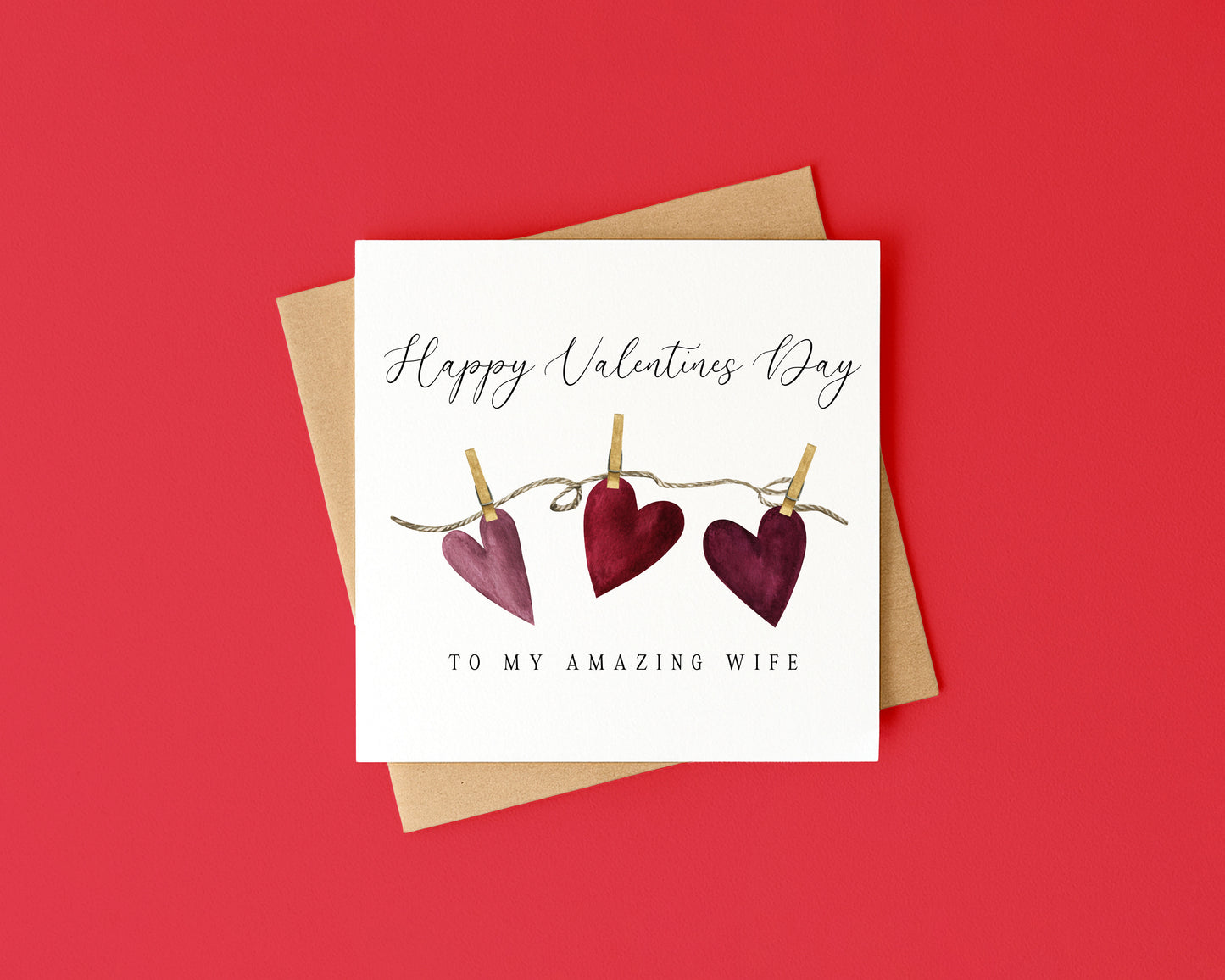 Valentines card, Wife Husband Hanging hearts watercolour couples valentines day with Envelope