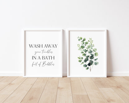 Set of 2 bathroom prints, Wash away your troubles in a bath full of bubbles eucalyptus bouquet unframed wall art poster prints