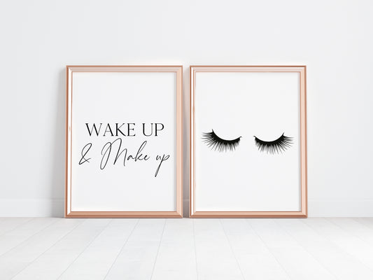 Set of 2 bedroom bathroom prints, Wake up & make up, black eyelashes unframed wall art poster prints