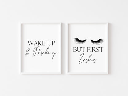Set of 2 bedroom bathroom prints, Wake up and make up but first eyelashes unframed wall art poster prints