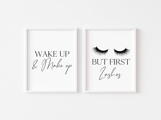 Set of 2 bedroom bathroom prints, Wake up and make up but first eyelashes unframed wall art poster prints