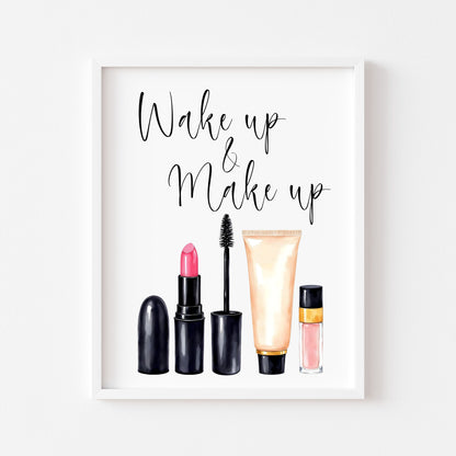 Wake up and make up Print Watercolour cosmetics bedroom Wall Art (Unframed)