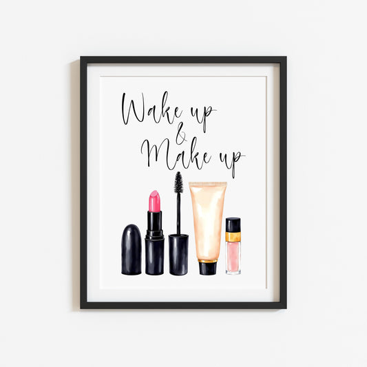 Wake up and make up Print Watercolour cosmetics bedroom Wall Art (Unframed)