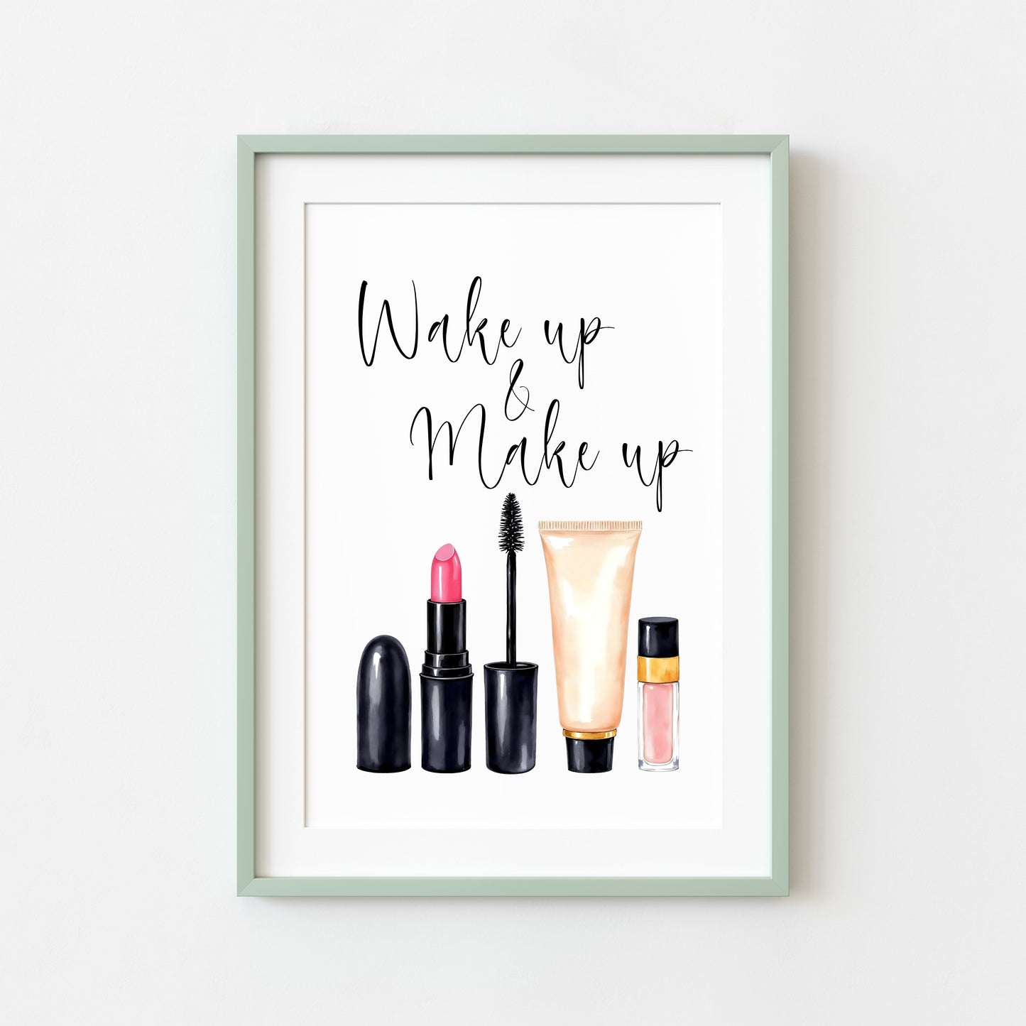 Wake up and make up Print Watercolour cosmetics bedroom Wall Art (Unframed)