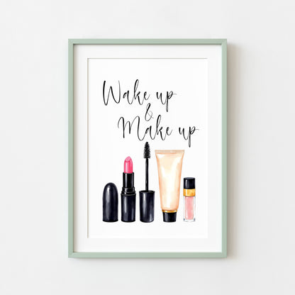 Wake up and make up Print Watercolour cosmetics bedroom Wall Art (Unframed)