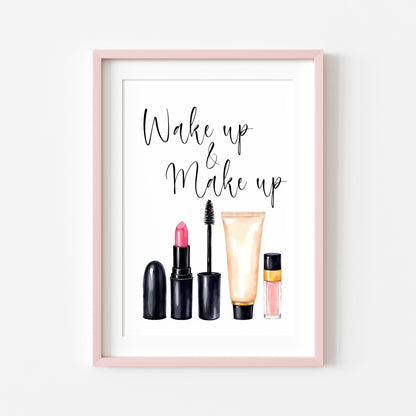 Wake up and make up Print Watercolour cosmetics bedroom Wall Art (Unframed)