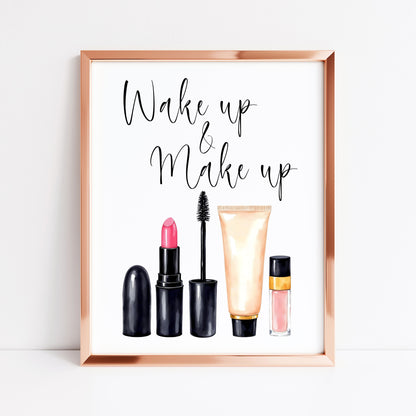 Wake up and make up Print Watercolour cosmetics bedroom Wall Art (Unframed)