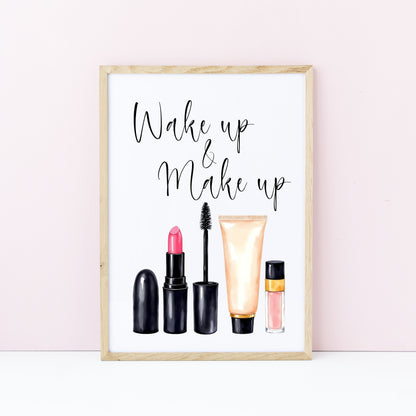 Wake up and make up Print Watercolour cosmetics bedroom Wall Art (Unframed)