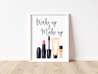Wake up and make up Print Watercolour cosmetics bedroom Wall Art (Unframed)