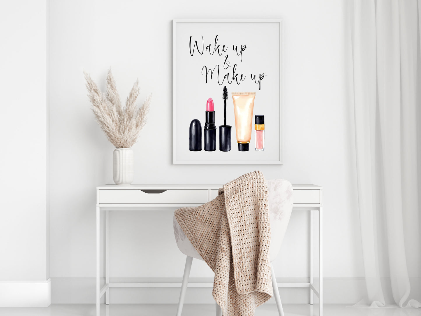 Wake up and make up Print Watercolour cosmetics bedroom Wall Art (Unframed)