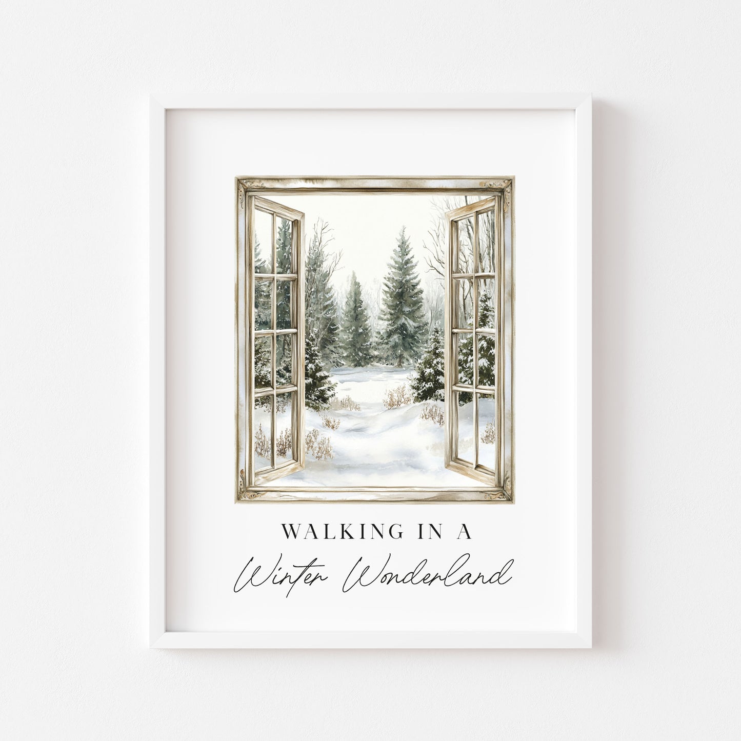 Christmas Print Watercolour snowy window walking in a winter wonder land Wall Art (unframed)