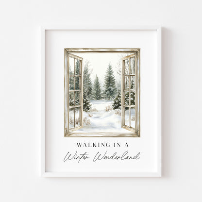 Christmas Print Watercolour snowy window walking in a winter wonder land Wall Art (unframed)