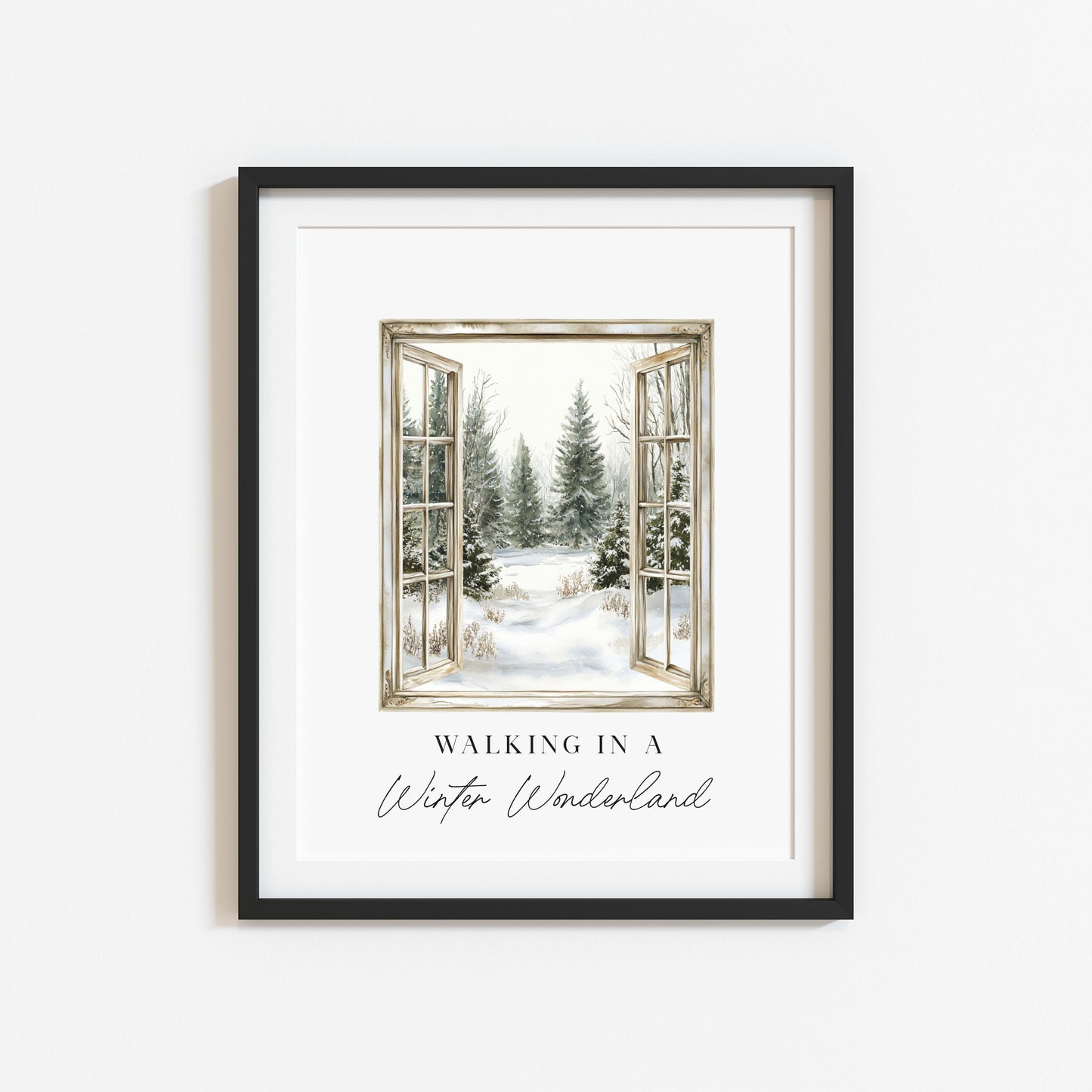 Christmas Print Watercolour snowy window walking in a winter wonder land Wall Art (unframed)
