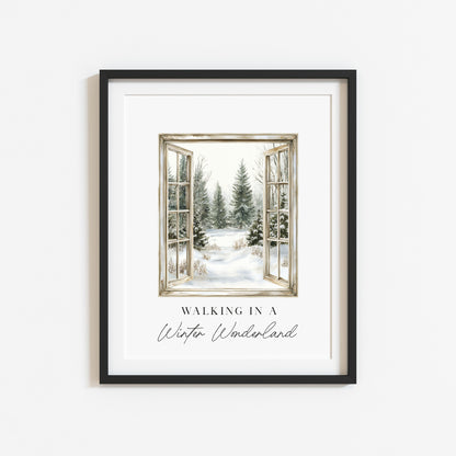 Christmas Print Watercolour snowy window walking in a winter wonder land Wall Art (unframed)