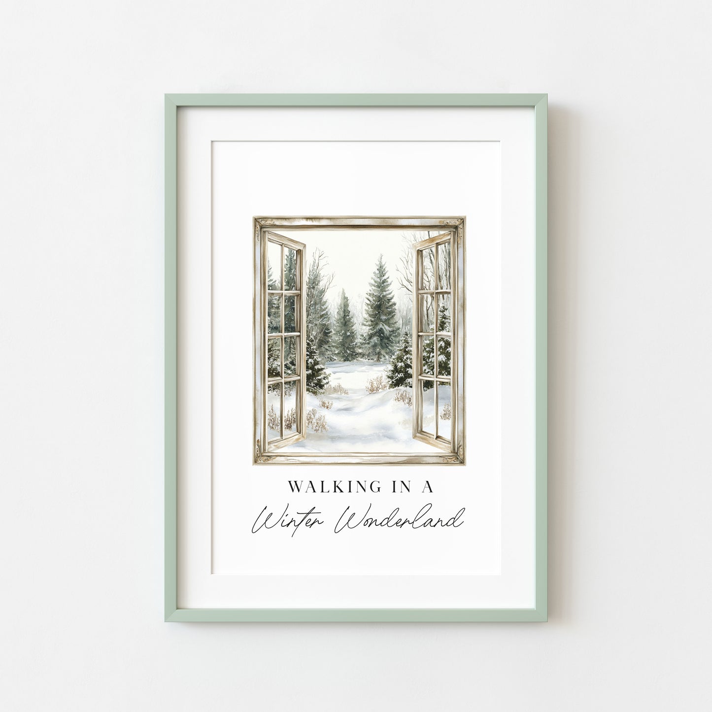 Christmas Print Watercolour snowy window walking in a winter wonder land Wall Art (unframed)