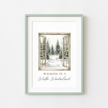 Christmas Print Watercolour snowy window walking in a winter wonder land Wall Art (unframed)