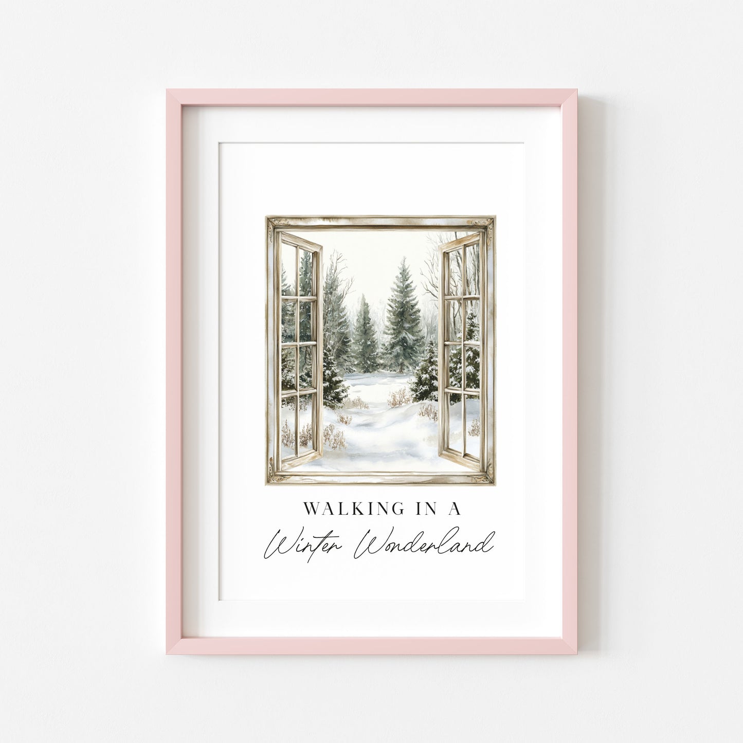 Christmas Print Watercolour snowy window walking in a winter wonder land Wall Art (unframed)