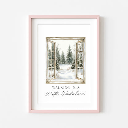 Christmas Print Watercolour snowy window walking in a winter wonder land Wall Art (unframed)