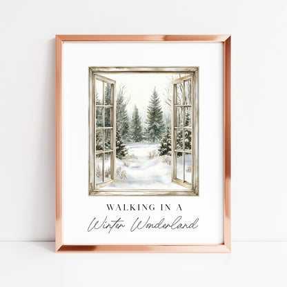 Christmas Print Watercolour snowy window walking in a winter wonder land Wall Art (unframed)