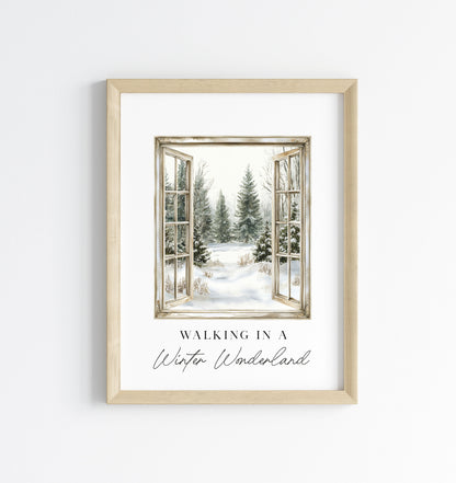 Christmas Print Watercolour snowy window walking in a winter wonder land Wall Art (unframed)