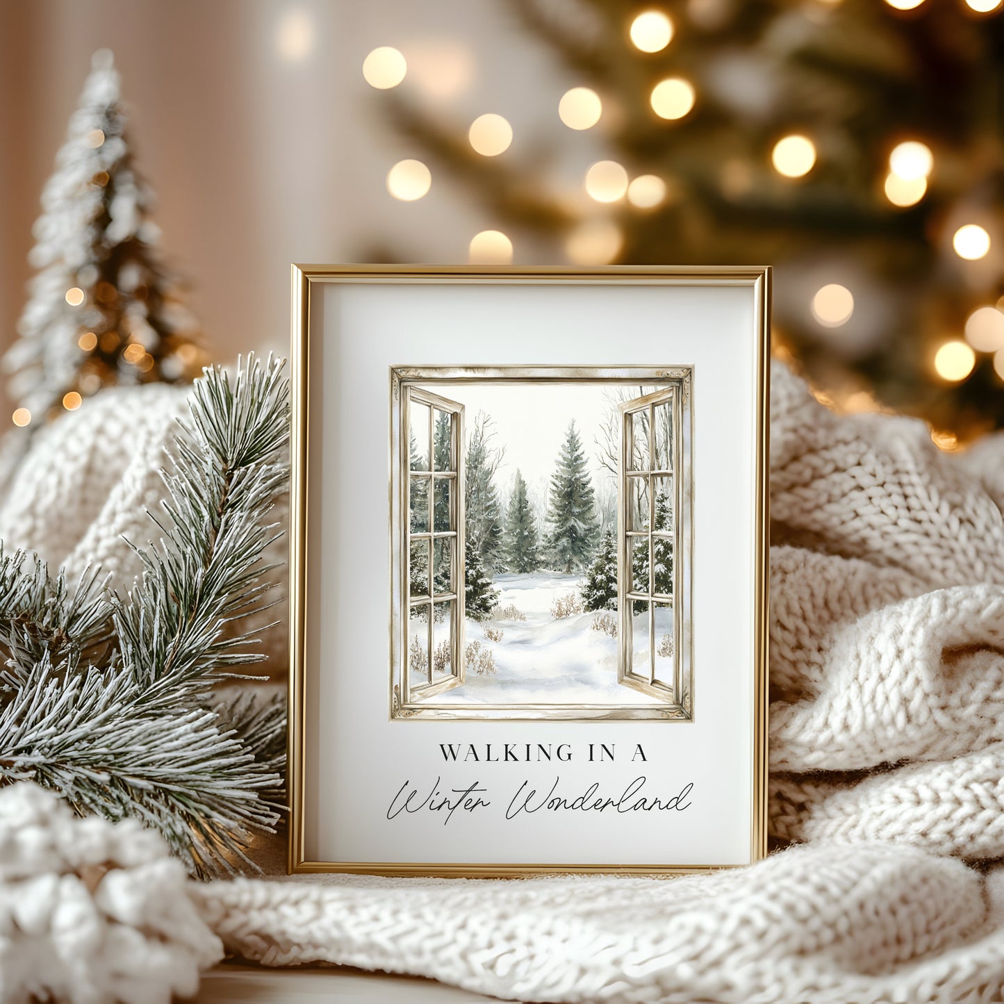 Christmas Print Watercolour snowy window walking in a winter wonder land Wall Art (unframed)