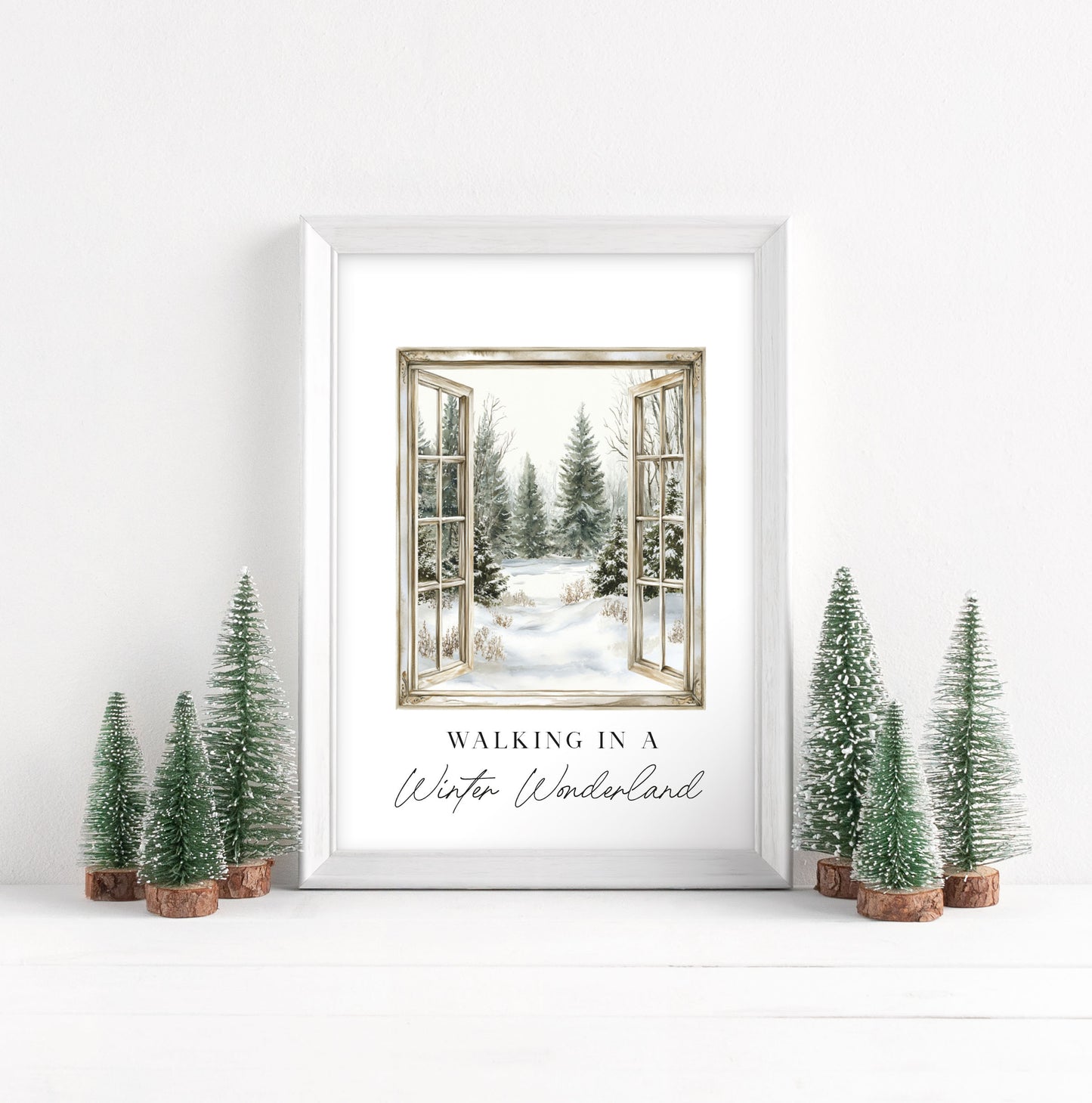 Christmas Print Watercolour snowy window walking in a winter wonder land Wall Art (unframed)